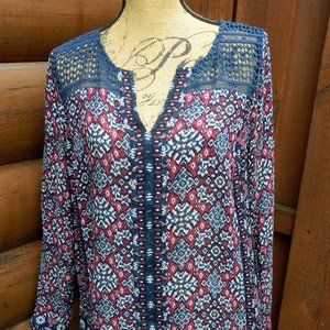 Lucky Brand Women's Size Med Top Navy Burgandy Aztec Long Sleeve Hippie Boho
